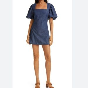 Frame Nina Mini Dress Size L Preppy Puff Sleeve Denim Square Neck Cotton Blend